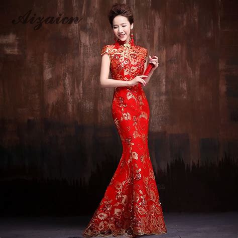 Red Embroidery Cheongsam Modern Qipao Long Chinese Wedding Dress Women