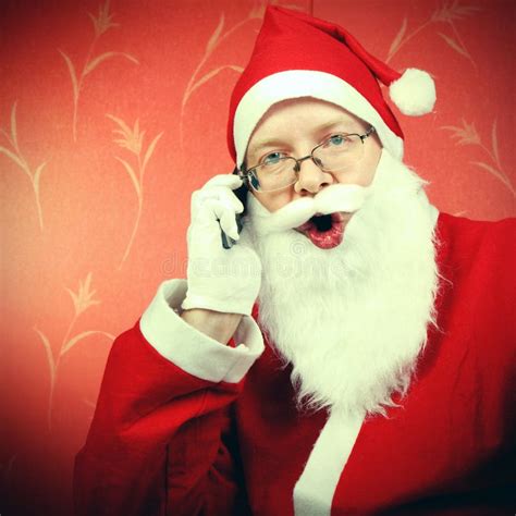 Happy Santa Claus With Cellphone Stock Image Image Of Cute Costume