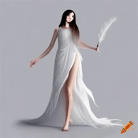 Woman In White Dress Holding A Big Feather