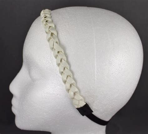 Cream Headband Faux Leather Braid Braided Woven Stretch Elastic
