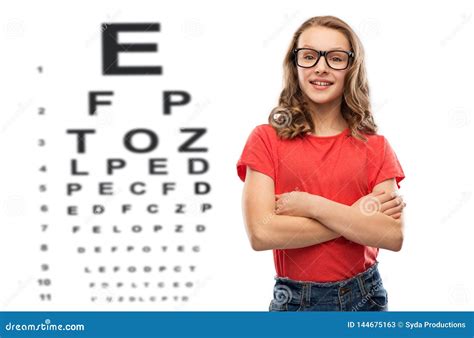 Teenage Girl In Glasses Over Eye Test Chart Stock Image Image Of