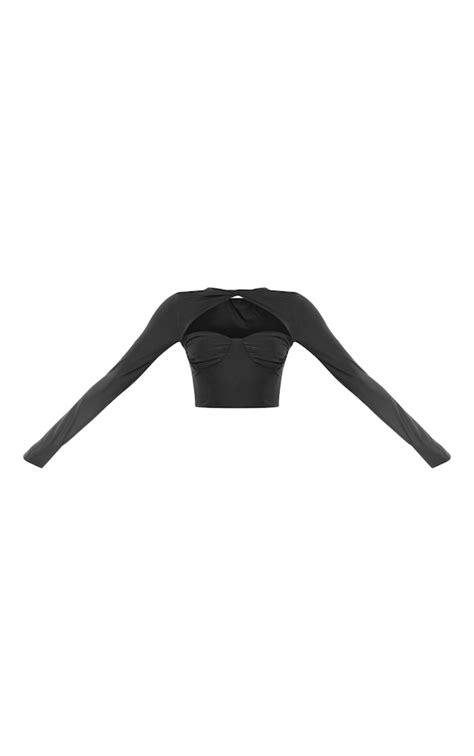 black slinky bust detail cut out crop top prettylittlething usa