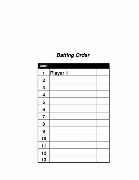 Batting Order Template Softball Lineup Excel Card Baseball