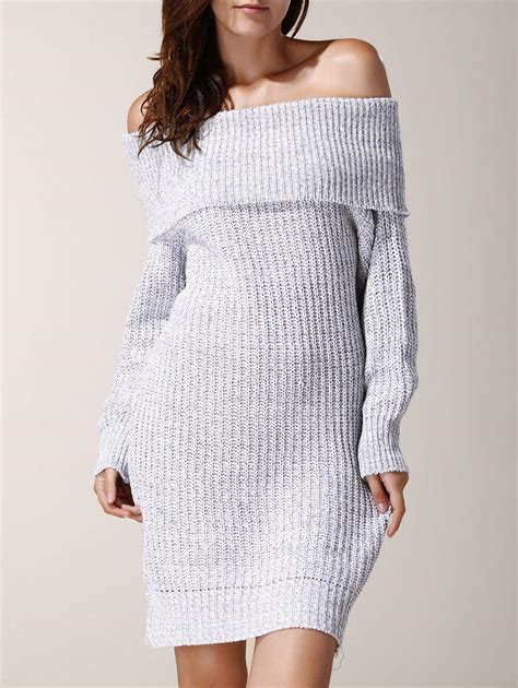 63 Off Elegant Low Cut Off The Shoulder Solid Color Long Sleeve Sweater Dress For Women Rosegal