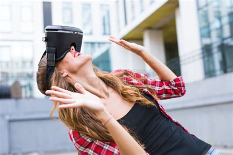 Beautiful Young Woman Wearing Virtual Reality Headset In An Urban Context Stock Image Image Of