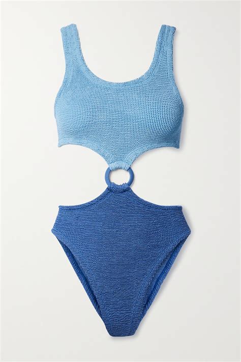 Hunza G Paige Cutout Embellished Two Tone Seersucker Swimsuit In Blue