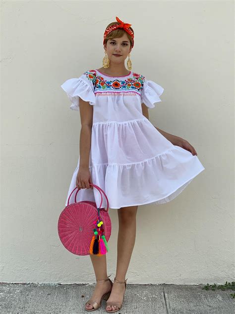 White Floral Embroidery Ruffled Dress Mexican Dress Women Etsy