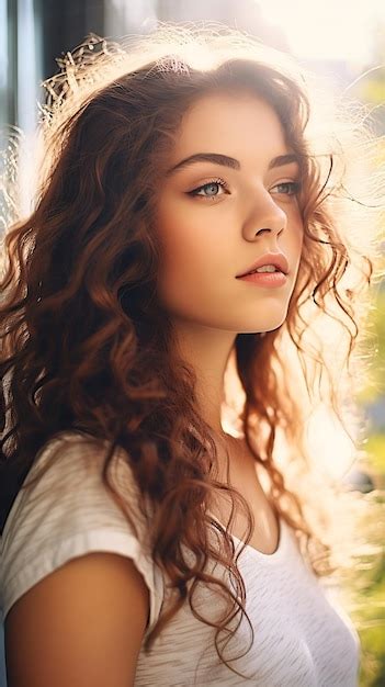 Premium Ai Image Closeup Woman Long Hair White Shirt Beautifully Daylight Curly Haired Russian