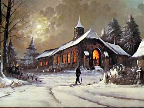Winter Calm Night Snowy Rustic Church Scene Painting Artwork