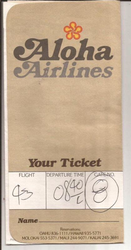 Aloha Airlines Ticket Jacket With Ticket Inside 1980s Plane Tickets To