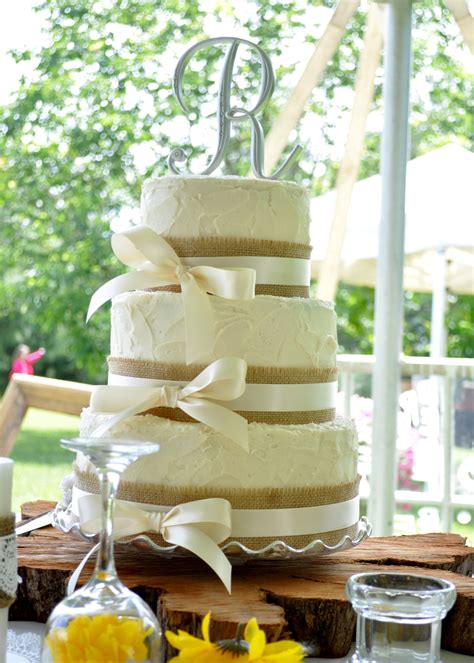 Rustic Style Wedding Cake With Burlap And Ivory Ribbon This Cake Was