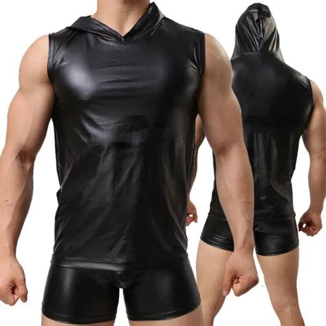 New Men Sexy Fetish Faux Leather Hooded Tank Vest And Boxer Male Black