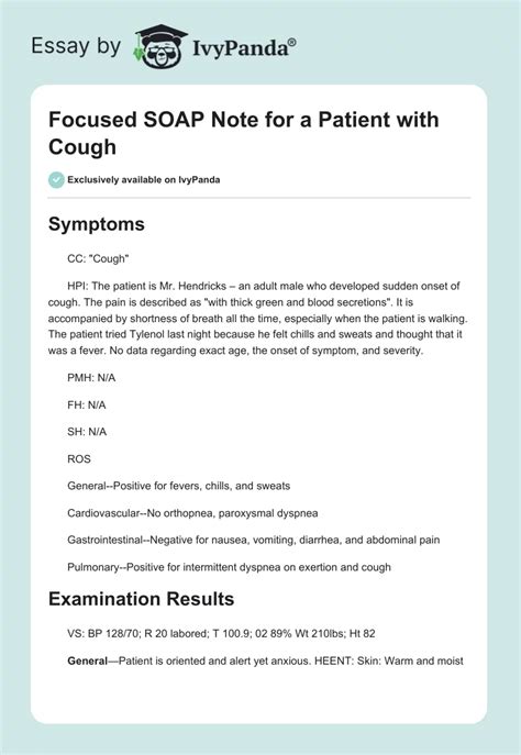 Focused SOAP Note For A Patient With Cough 835 Words Essay Example