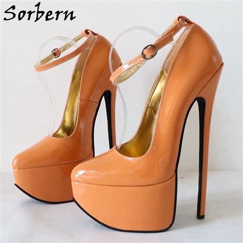 Sorbern Orange 24cm Women Pumps High Heels Ankle Straps Pointed Toe Visible Platform Shoes