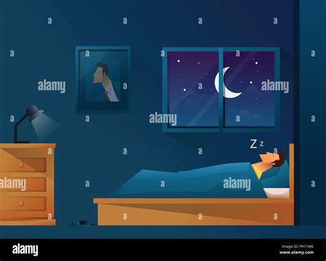 Man Sleeps At Night In Bed Room With A Window At Night Stock Vector