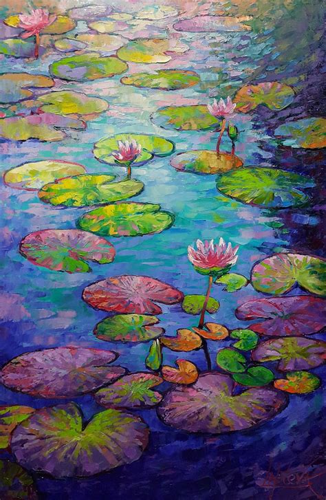 Water Lilies Pond White Pink Flowers Oil Painting Original