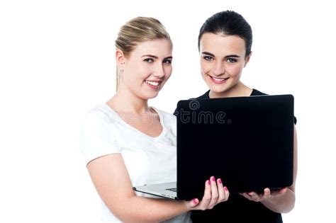Smiling Caucasian Girls Using Laptop Stock Photo Image Of Caucasian