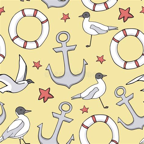 Vector Seamless Pattern With Anchor Seagulls And Lifebuoy Cartoon