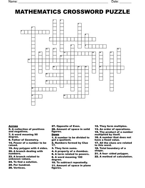 Math Vocabulary Crossword Puzzles Printable Printable