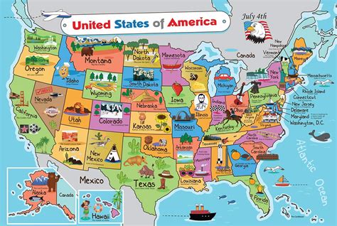 Mapa Infantil Dos Estados Unidos Pôster De Parede 33 X 48 Cm Papel