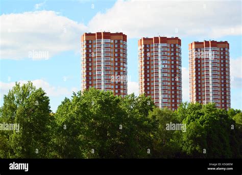 Three Modern High Rise Apartment Buildings In Moscow Russia Stock