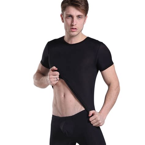 Ultrathin Nylon Mens T Shirts Very Soft Men Bodysuit Sexy Sleeve Undershirt Sheer Gay Men