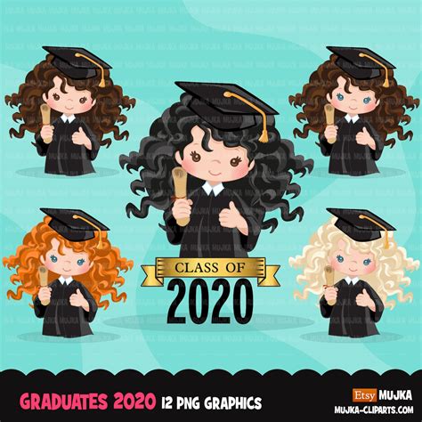 Graduation Clipart 2020 Graduate Girls With Cape And Scroll Etsy