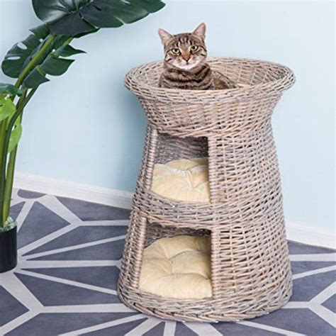 Pawhut 3 Tier Round 34 In Rattan Wicker Elevated Cat Bed Condo With