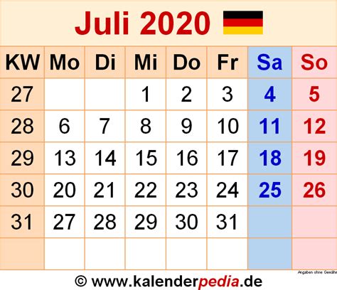 Kalenderblatt aus dem ewigen kalender. Kalender Juli 2020 als Excel-Vorlagen