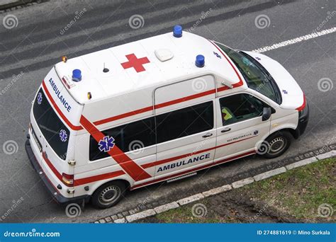 Top View At Volkswagen Transporter Ambulance Car Parked On A Road