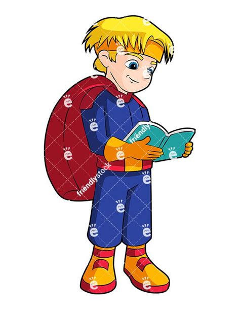 Little Boy Superhero Reading Book Cartoon Vector Clipart