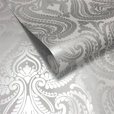 Shimmer Damask Wallpaper Soft Grey Silver Wallpaper Bedroom Feature