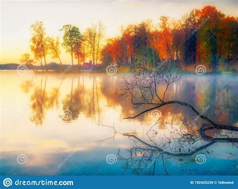 Scenic Beautiful Fall Autumn Lake Landscape Scenery At Sundown Stock