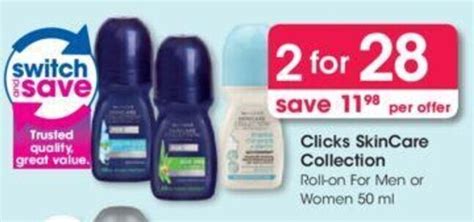 Clicks Skin Care Collection Roll On For Men Or Women 2 X 50ml Offer At