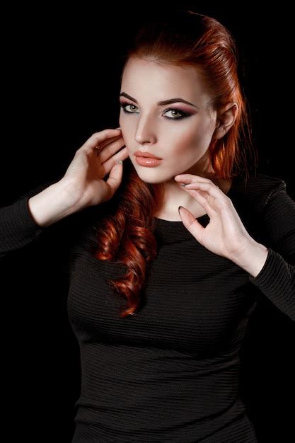 Premium Photo Sexy Redhead Girl In Black Dress Beauty