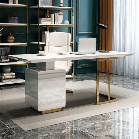63 Modern White Executive Desk With Drawers And Side Cabinet In Gold
