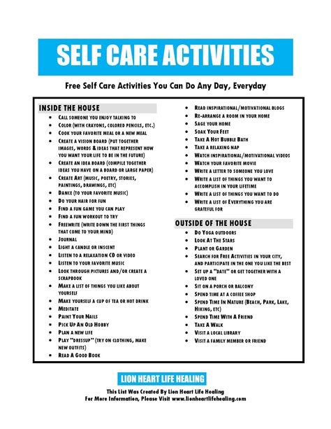 Self Care Activities Worksheet