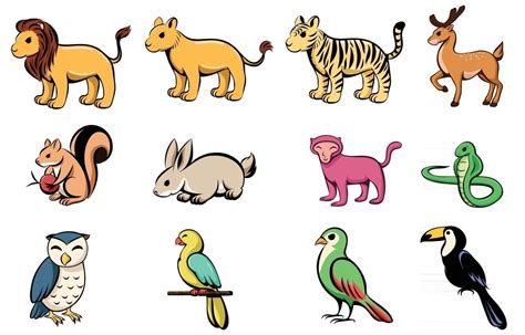 Ilustración Vectorial Caricatura De Doce Animales Salvajes Diferentes