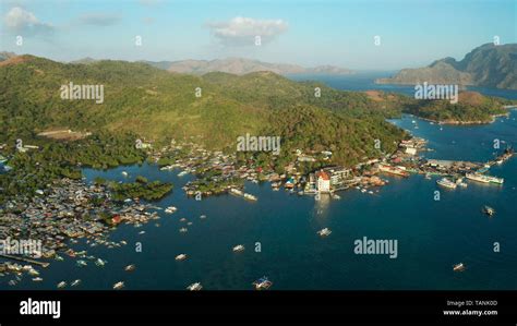 Aerial View Coron City With Slums And Poor District Sea Port Pier