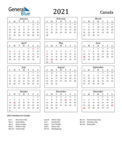 2021 Canada Calendar With Holidays