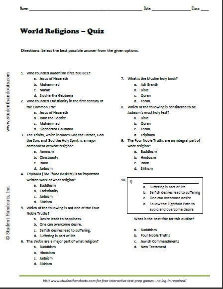 World Religions Worksheets Answers Worksheets