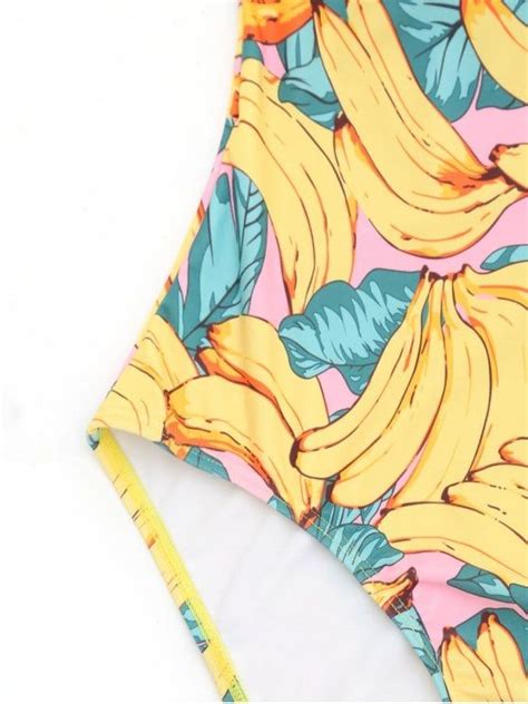 U Neck Banana Print Plus Size Swimwear Yellow Plus Size Swimwear