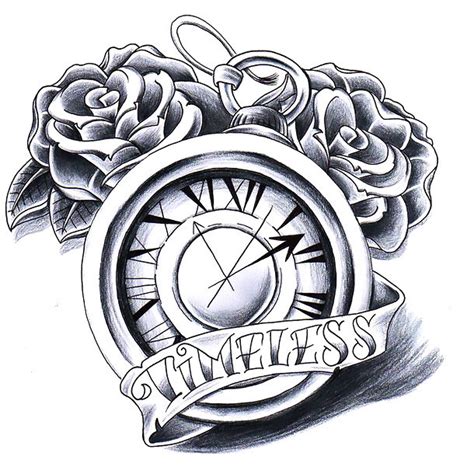 Timeless Clock With Roses Tattoo Design
