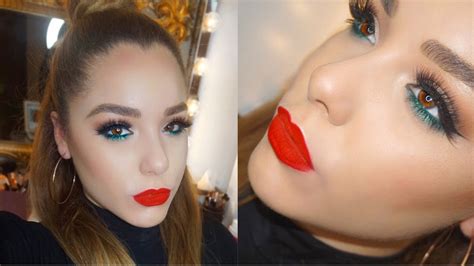 Christmas Makeup Tutorial Ft Green Glitter And Red Lip Youtube