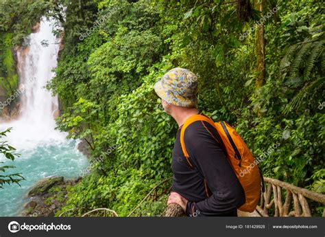 Majestic Waterfall Rainforest Jungle Costa Rica Tropical Hike Stock