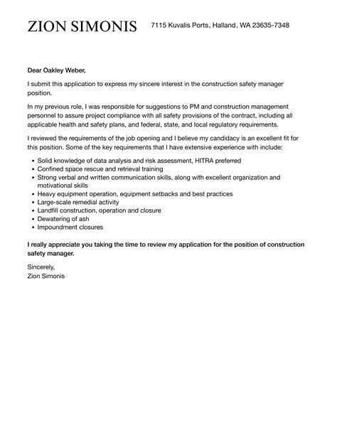 Construction Safety Manager Cover Letter Velvet Jobs