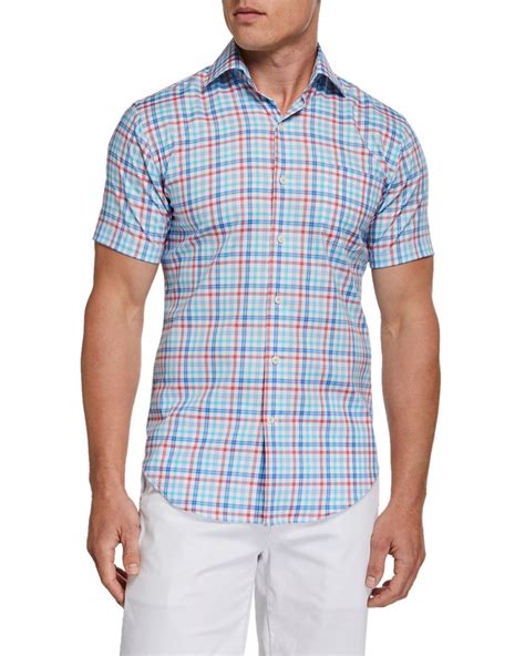 Peter Millar Mens Plaid Short Sleeve Pocket Sport Shirt In Multi