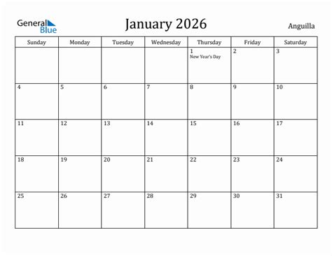 January 2026 Monthly Calendar With Anguilla Holidays