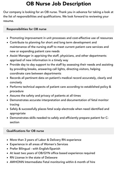 Ob Nurse Job Description Velvet Jobs