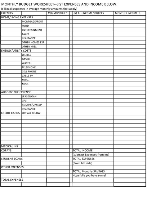 Monthly Budget Worksheet Template Download Printable Pdf For Cost Of